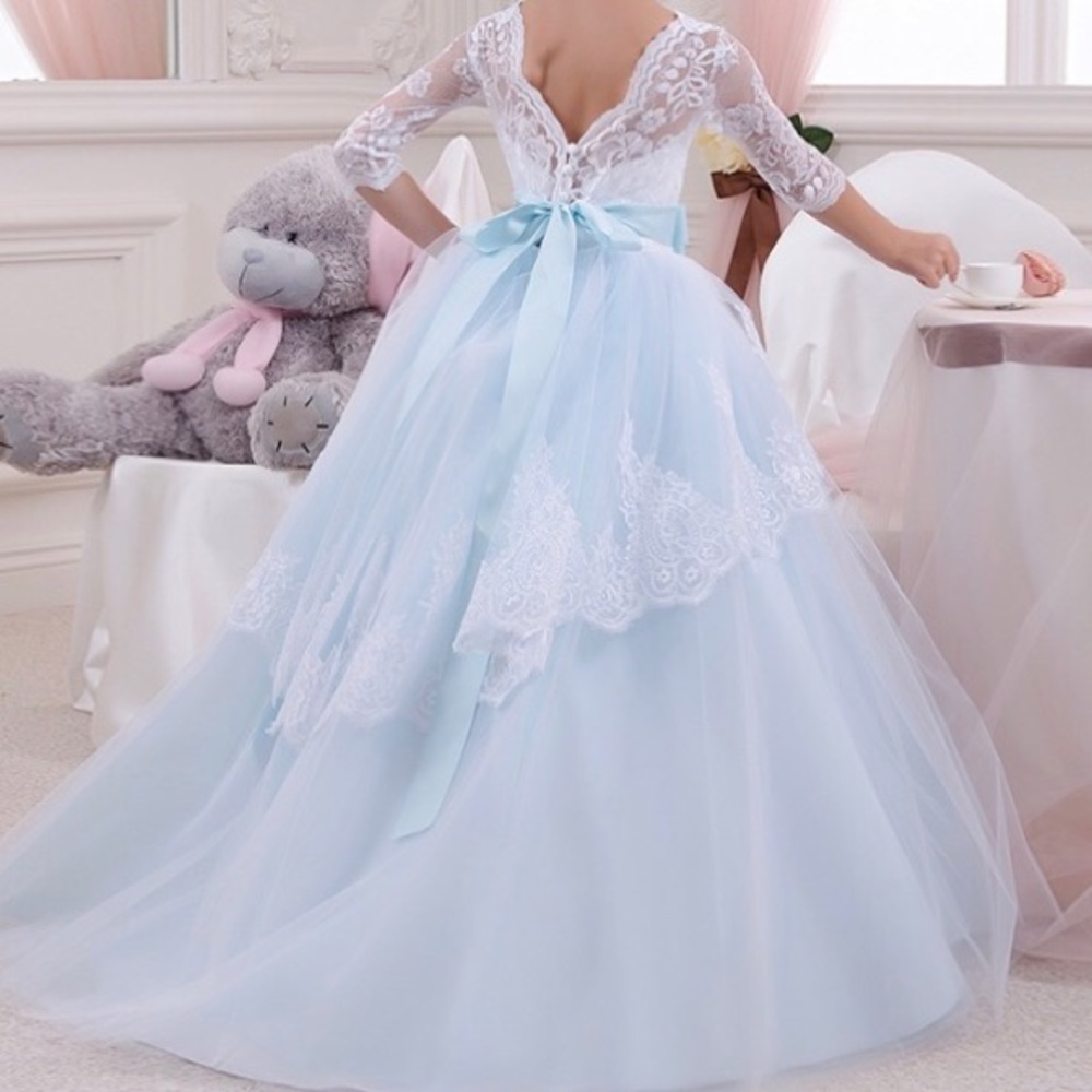 💙New Blue Satin White Lace Crystal Tulle Dress💙